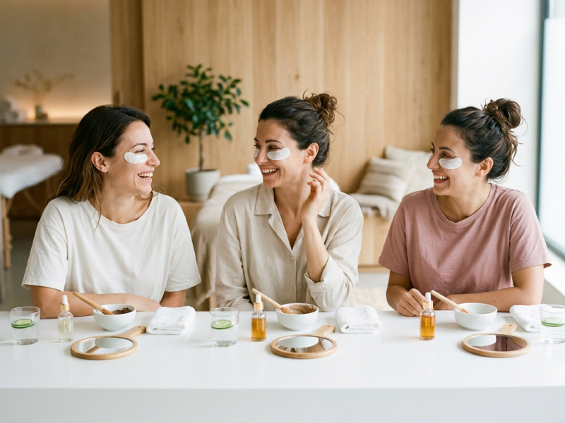 Tre amiche con i patch sotto gli occhi durante una seduta di skincare