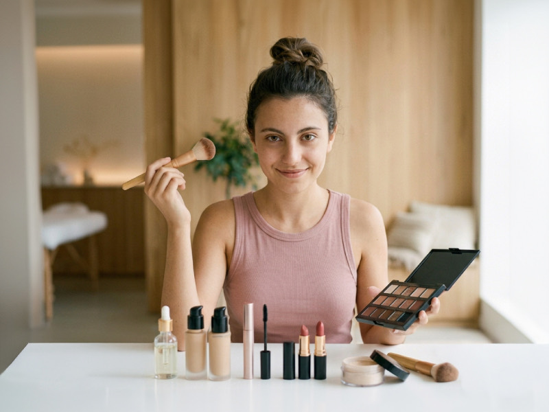 Ragazza con pennello e palette davanti ai prodotti per il viso